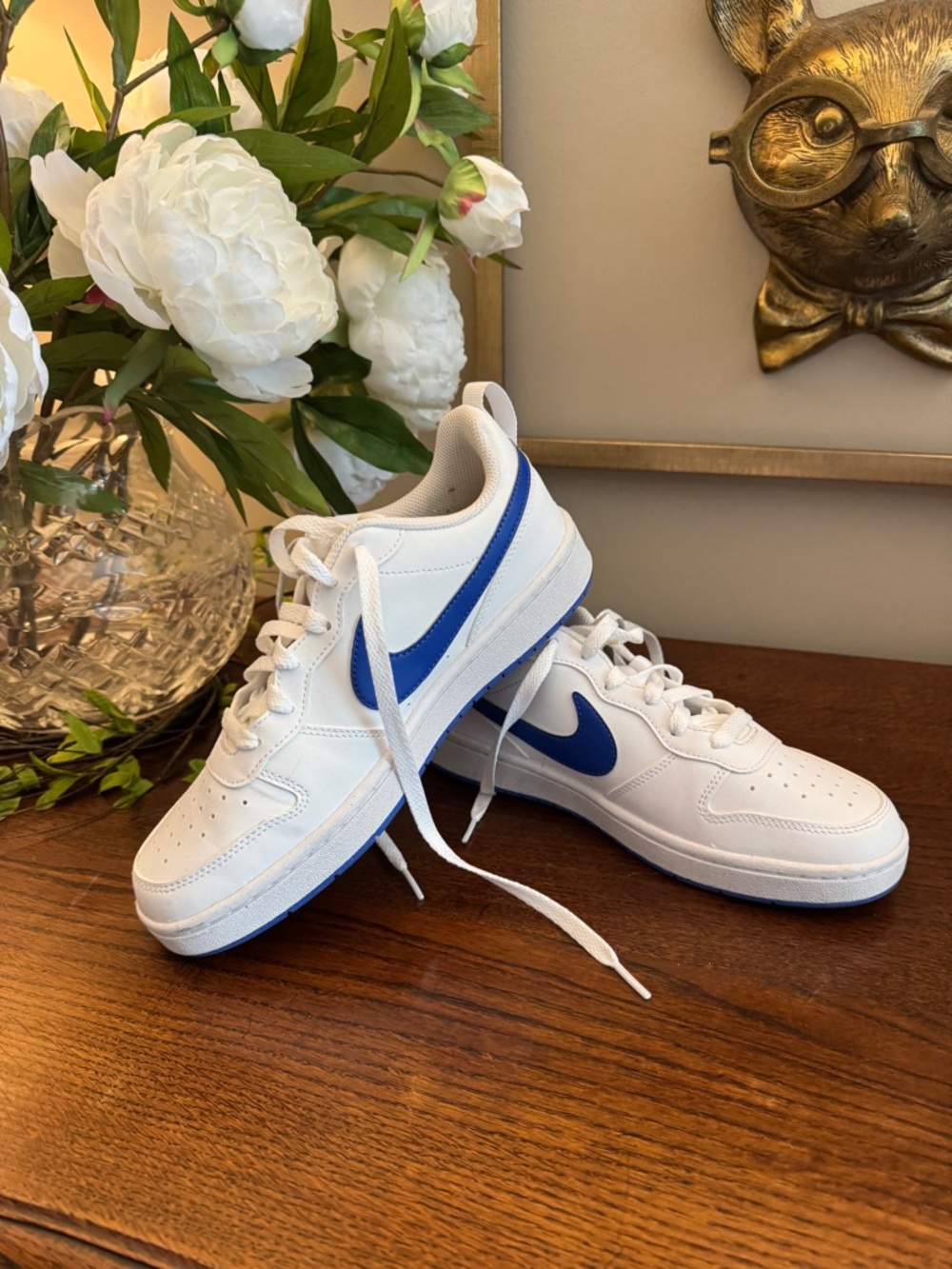 Nike White Sneakers with Royal Blue Swoosh